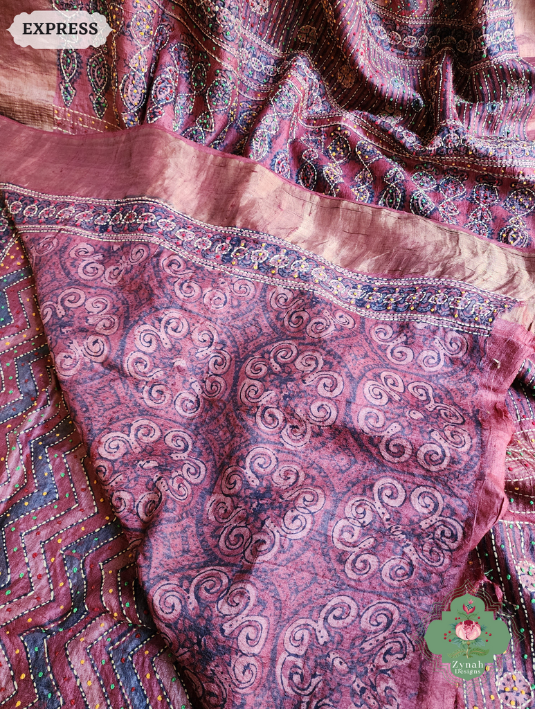 Zynah Madder Red Pure Tussar Silk Hand Block Print Ajrakh Saree With Hand Embroidery; Custom Stitched/Ready-made Blouse, Fall, Petticoat; SKU: 2409202510