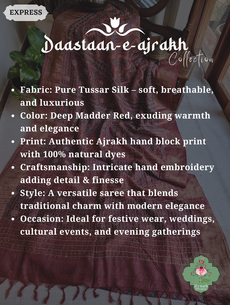 Zynah Madder Red Pure Tussar Silk Hand Block Print Ajrakh Saree With Hand Embroidery; Custom Stitched/Ready-made Blouse, Fall, Petticoat; SKU: 2409202510