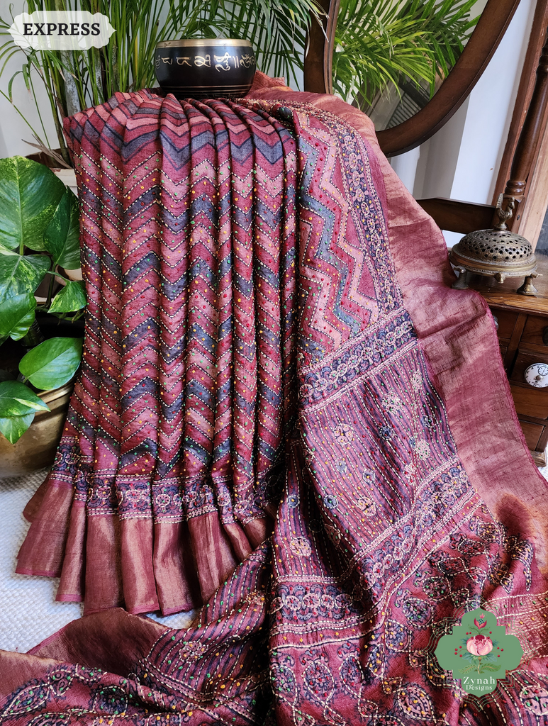 Zynah Madder Red Pure Tussar Silk Hand Block Print Ajrakh Saree With Hand Embroidery; Custom Stitched/Ready-made Blouse, Fall, Petticoat; SKU: 2409202510
