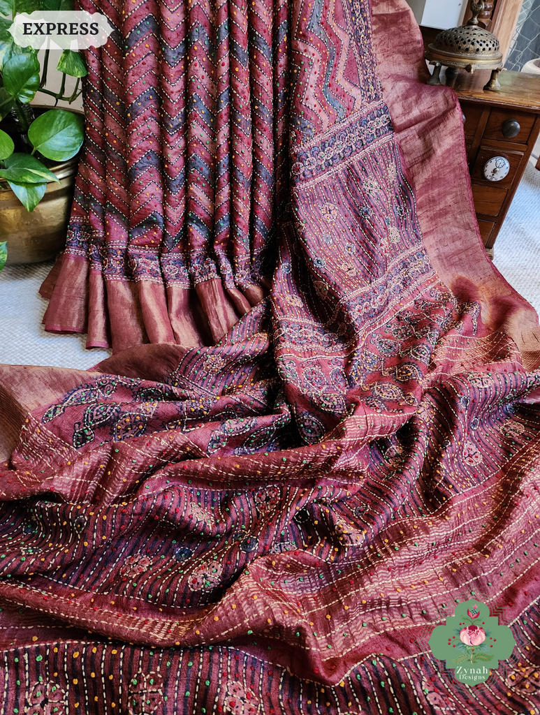 Zynah Madder Red Pure Tussar Silk Hand Block Print Ajrakh Saree With Hand Embroidery; Custom Stitched/Ready-made Blouse, Fall, Petticoat; SKU: 2409202510
