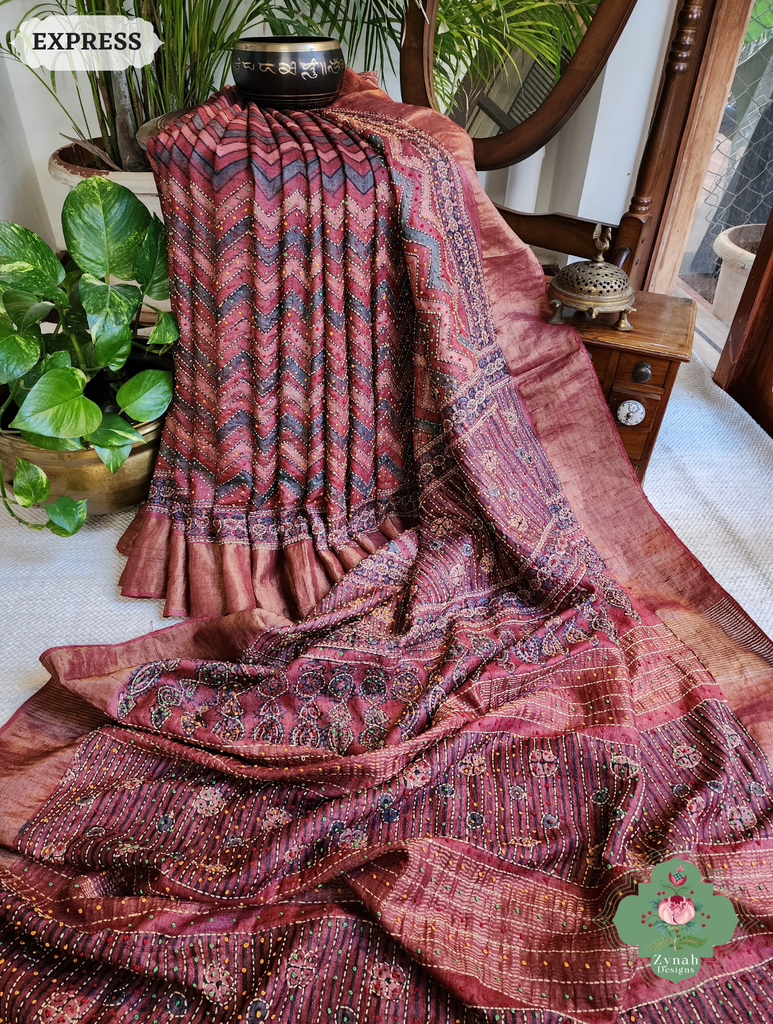 Zynah Madder Red Pure Tussar Silk Hand Block Print Ajrakh Saree With Hand Embroidery; Custom Stitched/Ready-made Blouse, Fall, Petticoat; SKU: 2409202510