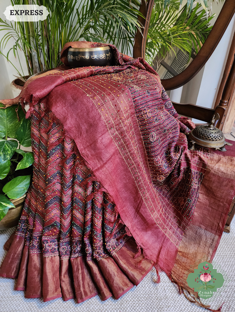 Zynah Madder Red Pure Tussar Silk Hand Block Print Ajrakh Saree With Hand Embroidery; Custom Stitched/Ready-made Blouse, Fall, Petticoat; SKU: 2409202510