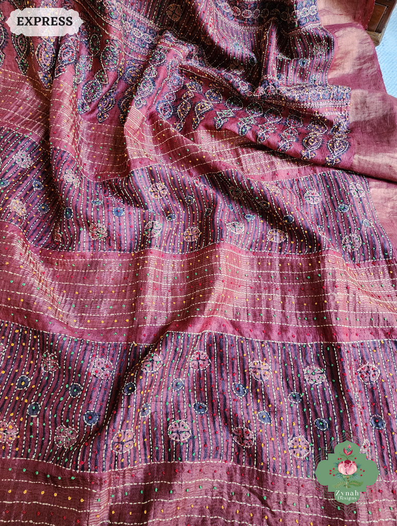 Zynah Madder Red Pure Tussar Silk Hand Block Print Ajrakh Saree With Hand Embroidery; Custom Stitched/Ready-made Blouse, Fall, Petticoat; SKU: 2409202510