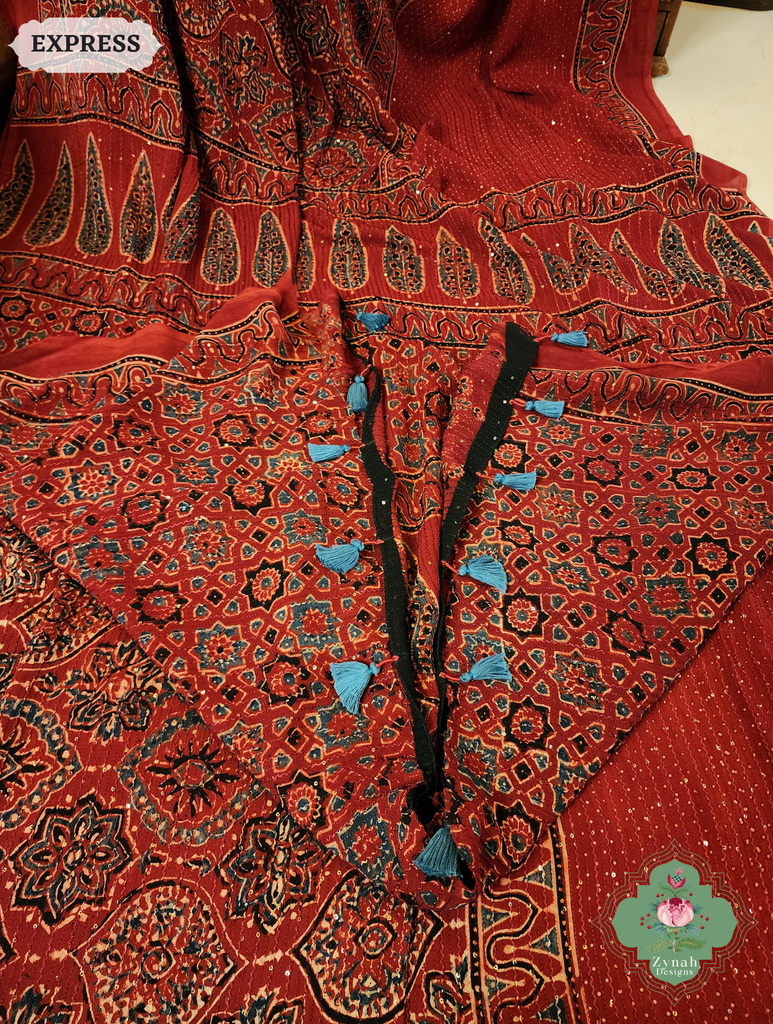 Zynah Madder Red Hand-Block Printed Georgette Silk Ajrakh Saree with Sequins Highlight; Custom Stitched/Ready-made Blouse, Fall, Petticoat; SKU: 1004202508