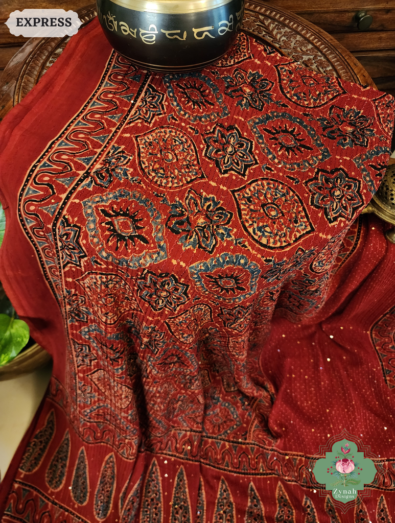 Zynah Madder Red Hand-Block Printed Georgette Silk Ajrakh Saree with Sequins Highlight; Custom Stitched/Ready-made Blouse, Fall, Petticoat; SKU: 1004202508