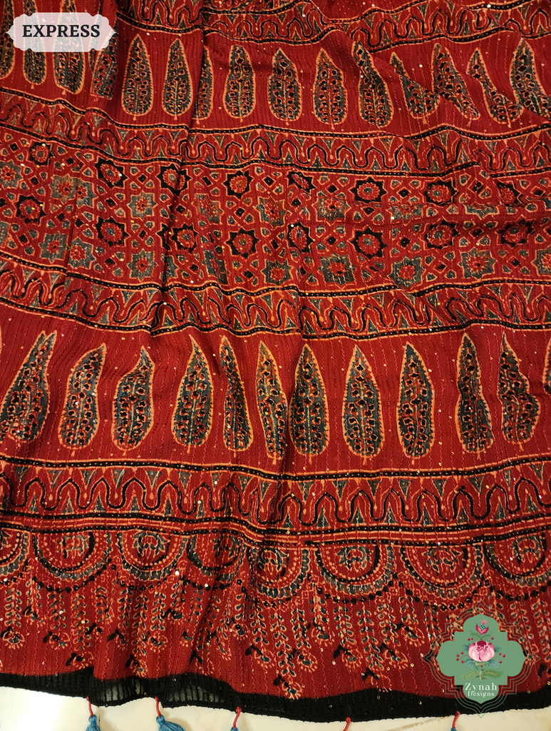 Zynah Madder Red Hand-Block Printed Georgette Silk Ajrakh Saree with Sequins Highlight; Custom Stitched/Ready-made Blouse, Fall, Petticoat; SKU: 1004202508