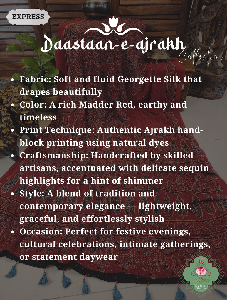 Zynah Madder Red Hand-Block Printed Georgette Silk Ajrakh Saree with Sequins Highlight; Custom Stitched/Ready-made Blouse, Fall, Petticoat; SKU: 1004202508