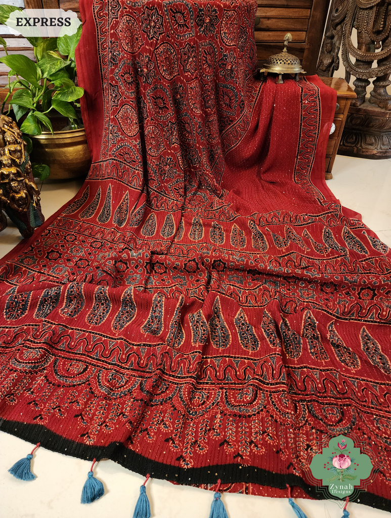 Zynah Madder Red Hand-Block Printed Georgette Silk Ajrakh Saree with Sequins Highlight; Custom Stitched/Ready-made Blouse, Fall, Petticoat; SKU: 1004202508