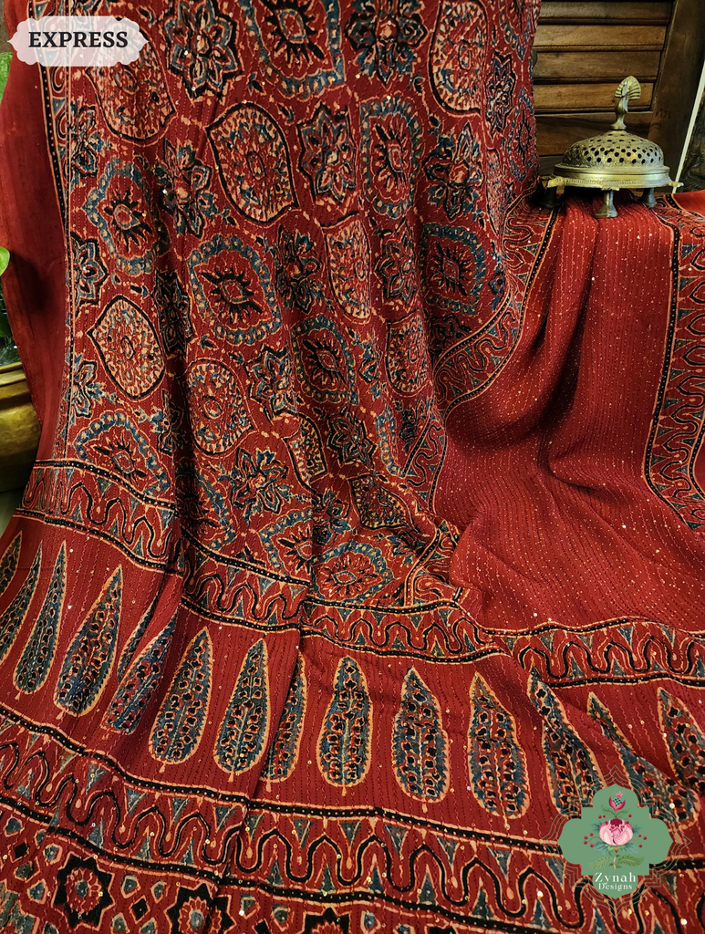 Zynah Madder Red Hand-Block Printed Georgette Silk Ajrakh Saree with Sequins Highlight; Custom Stitched/Ready-made Blouse, Fall, Petticoat; SKU: 1004202508