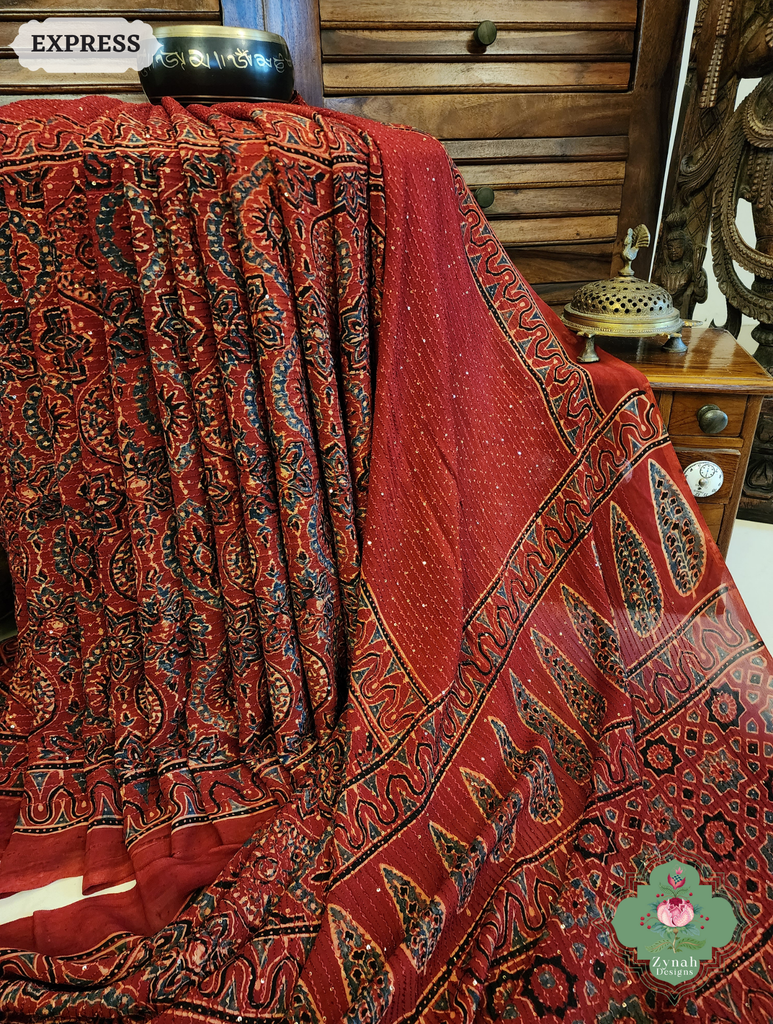 Zynah Madder Red Hand-Block Printed Georgette Silk Ajrakh Saree with Sequins Highlight; Custom Stitched/Ready-made Blouse, Fall, Petticoat; SKU: 1004202508
