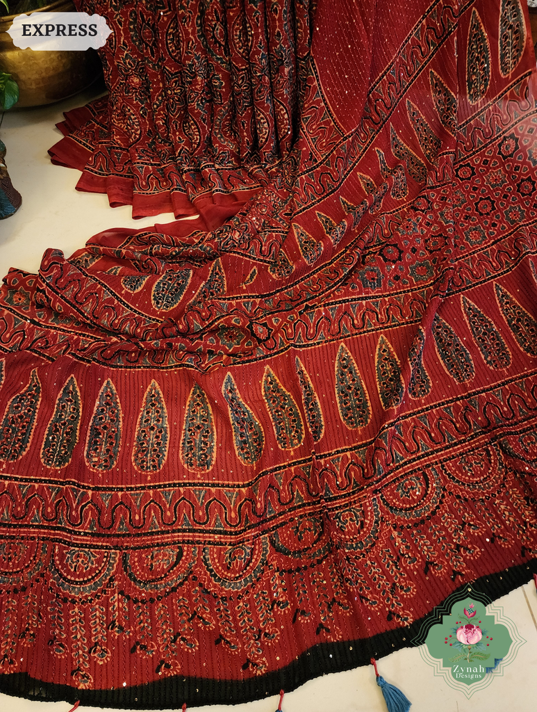 Zynah Madder Red Hand-Block Printed Georgette Silk Ajrakh Saree with Sequins Highlight; Custom Stitched/Ready-made Blouse, Fall, Petticoat; SKU: 1004202508