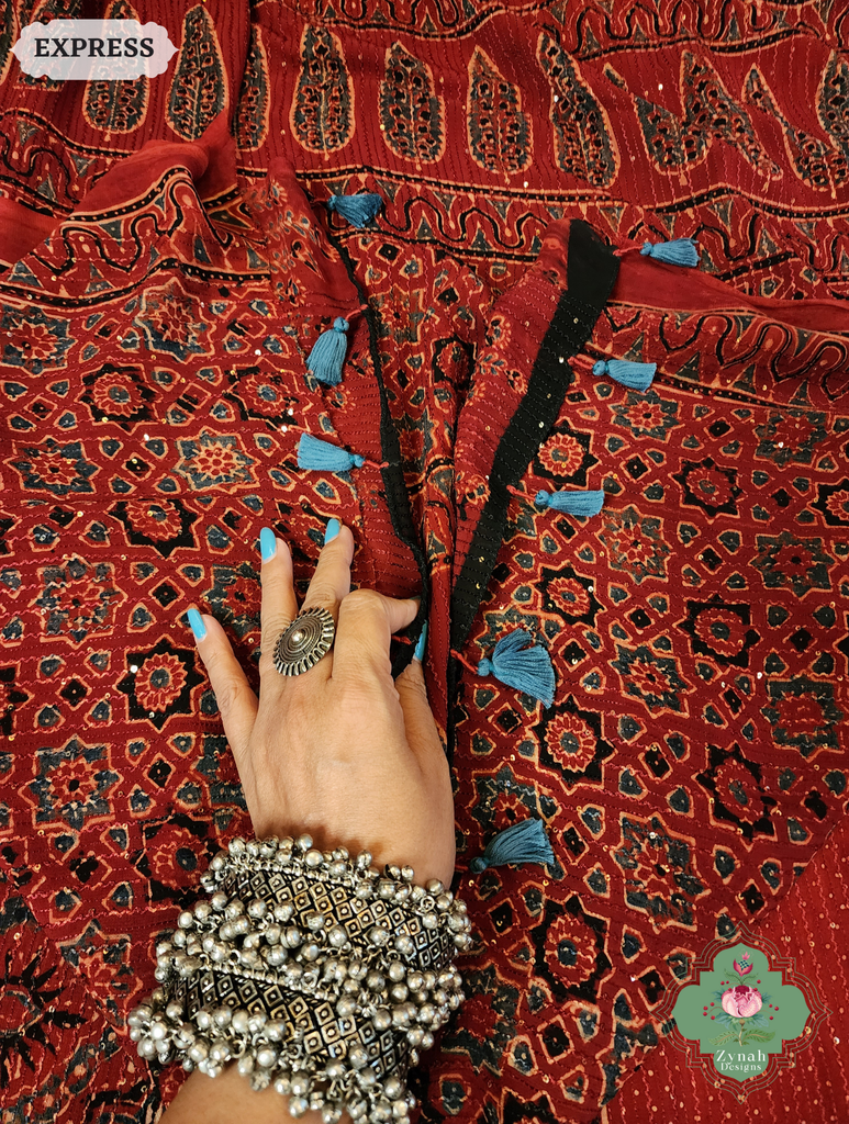 Zynah Madder Red Hand-Block Printed Georgette Silk Ajrakh Saree with Sequins Highlight; Custom Stitched/Ready-made Blouse, Fall, Petticoat; SKU: 1004202508