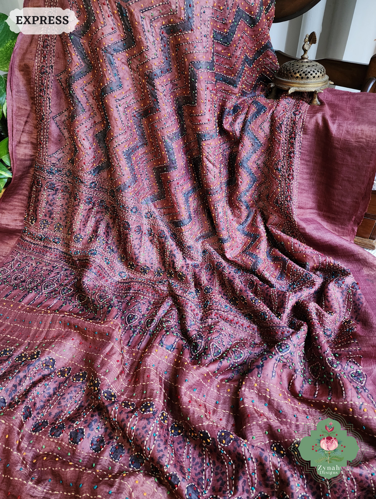 Zynah Madder Red Pure Tussar Silk Hand Block Print Ajrakh Saree With Hand Embroidery; Custom Stitched/Ready-made Blouse, Fall, Petticoat; SKU: 2409202511