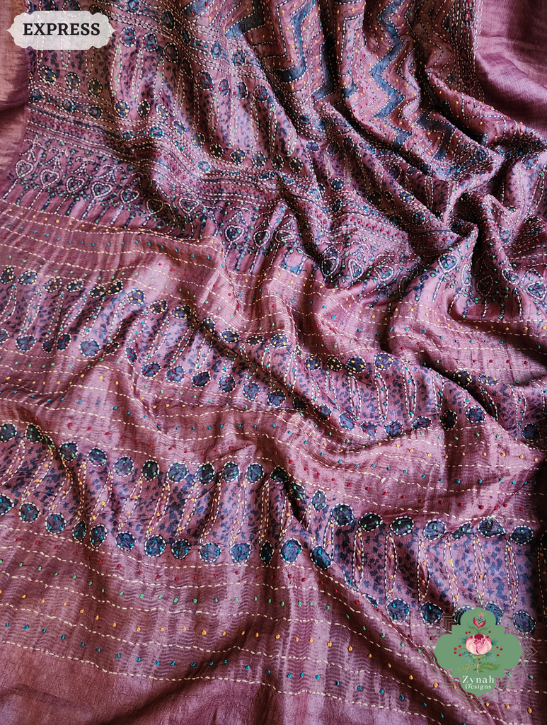 Zynah Madder Red Pure Tussar Silk Hand Block Print Ajrakh Saree With Hand Embroidery; Custom Stitched/Ready-made Blouse, Fall, Petticoat; SKU: 2409202511