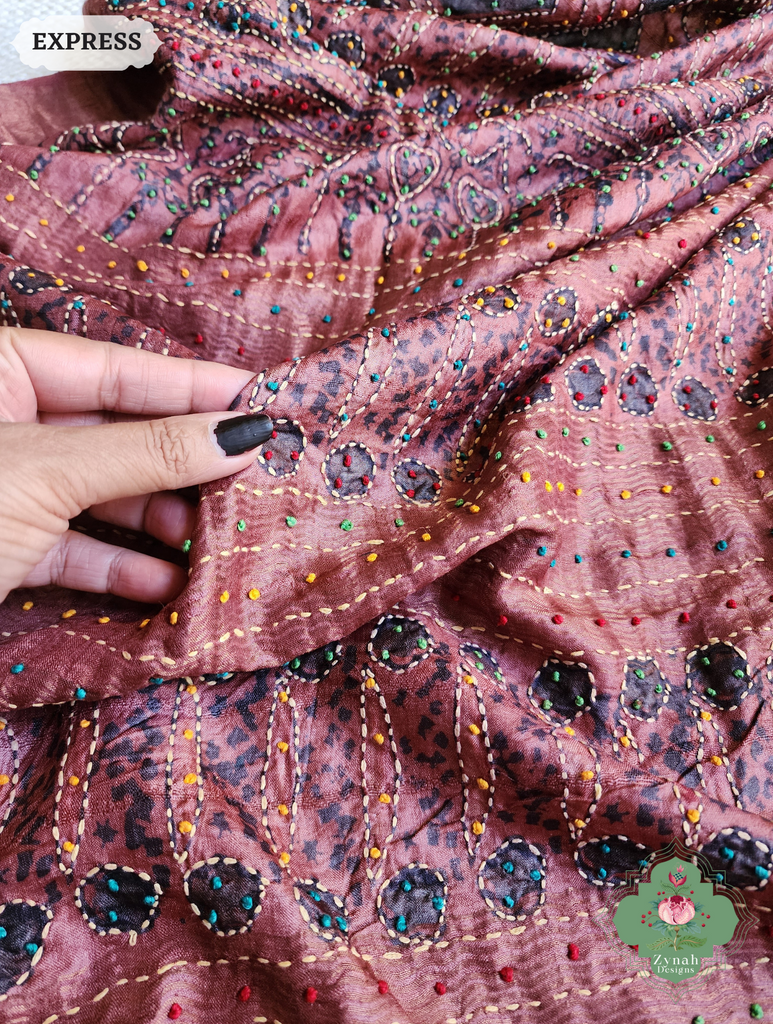 Zynah Madder Red Pure Tussar Silk Hand Block Print Ajrakh Saree With Hand Embroidery; Custom Stitched/Ready-made Blouse, Fall, Petticoat; SKU: 2409202511