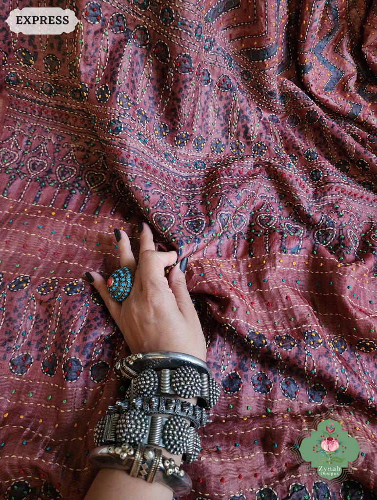 Zynah Madder Red Pure Tussar Silk Hand Block Print Ajrakh Saree With Hand Embroidery; Custom Stitched/Ready-made Blouse, Fall, Petticoat; SKU: 2409202511