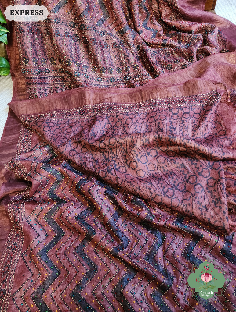 Zynah Madder Red Pure Tussar Silk Hand Block Print Ajrakh Saree With Hand Embroidery; Custom Stitched/Ready-made Blouse, Fall, Petticoat; SKU: 2409202511