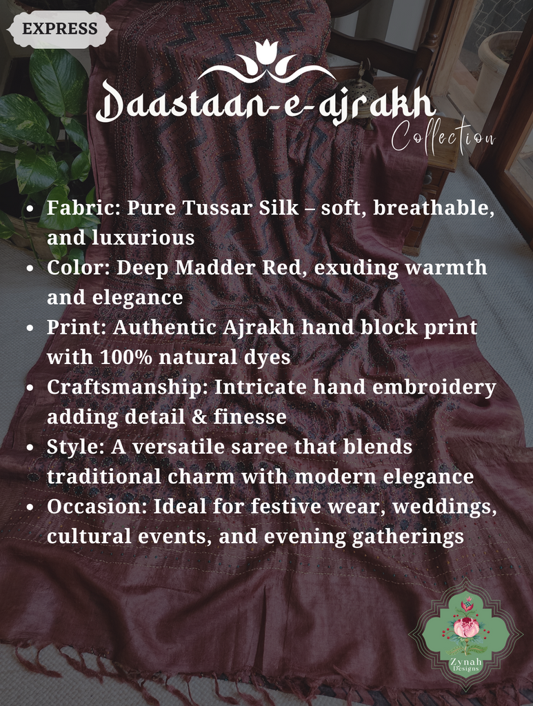 Zynah Madder Red Pure Tussar Silk Hand Block Print Ajrakh Saree With Hand Embroidery; Custom Stitched/Ready-made Blouse, Fall, Petticoat; SKU: 2409202511