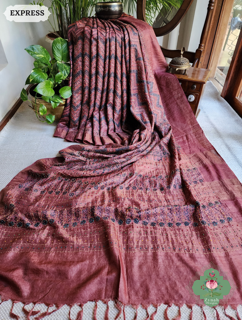 Zynah Madder Red Pure Tussar Silk Hand Block Print Ajrakh Saree With Hand Embroidery; Custom Stitched/Ready-made Blouse, Fall, Petticoat; SKU: 2409202511