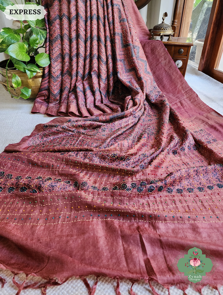 Zynah Madder Red Pure Tussar Silk Hand Block Print Ajrakh Saree With Hand Embroidery; Custom Stitched/Ready-made Blouse, Fall, Petticoat; SKU: 2409202511