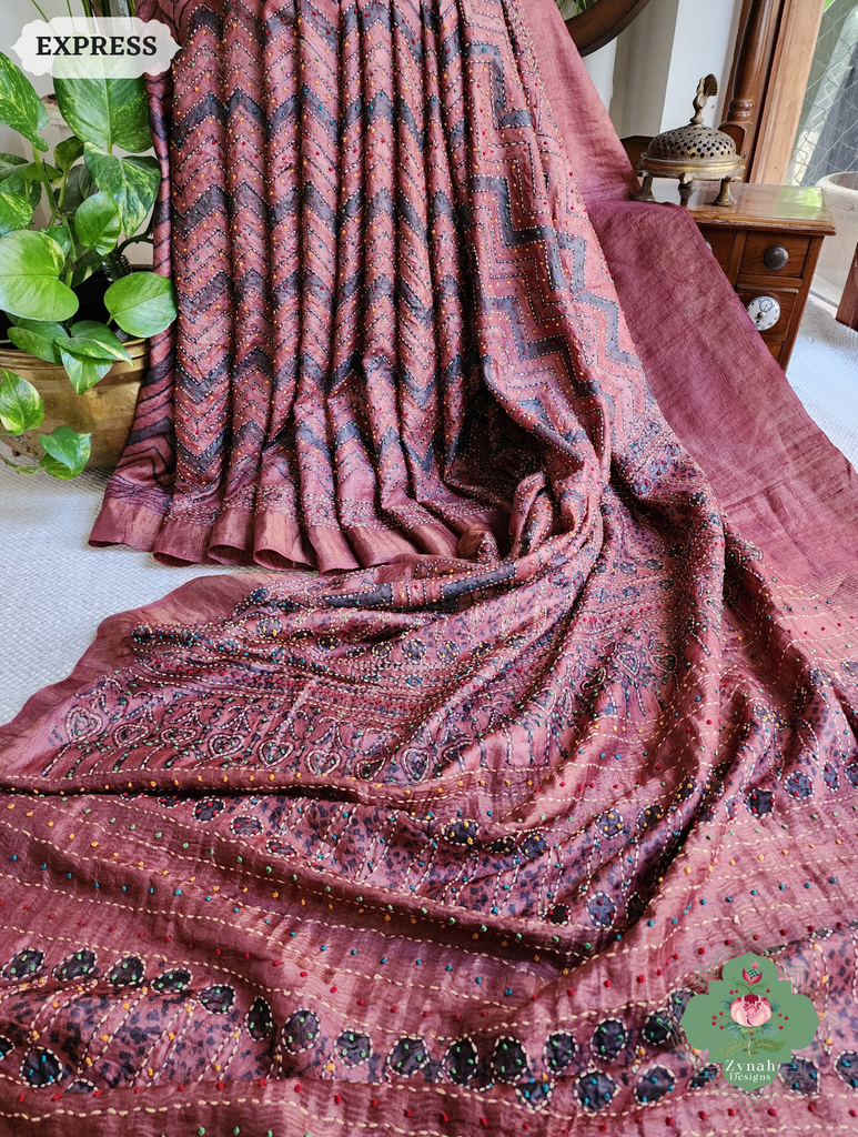 Zynah Madder Red Pure Tussar Silk Hand Block Print Ajrakh Saree With Hand Embroidery; Custom Stitched/Ready-made Blouse, Fall, Petticoat; SKU: 2409202511