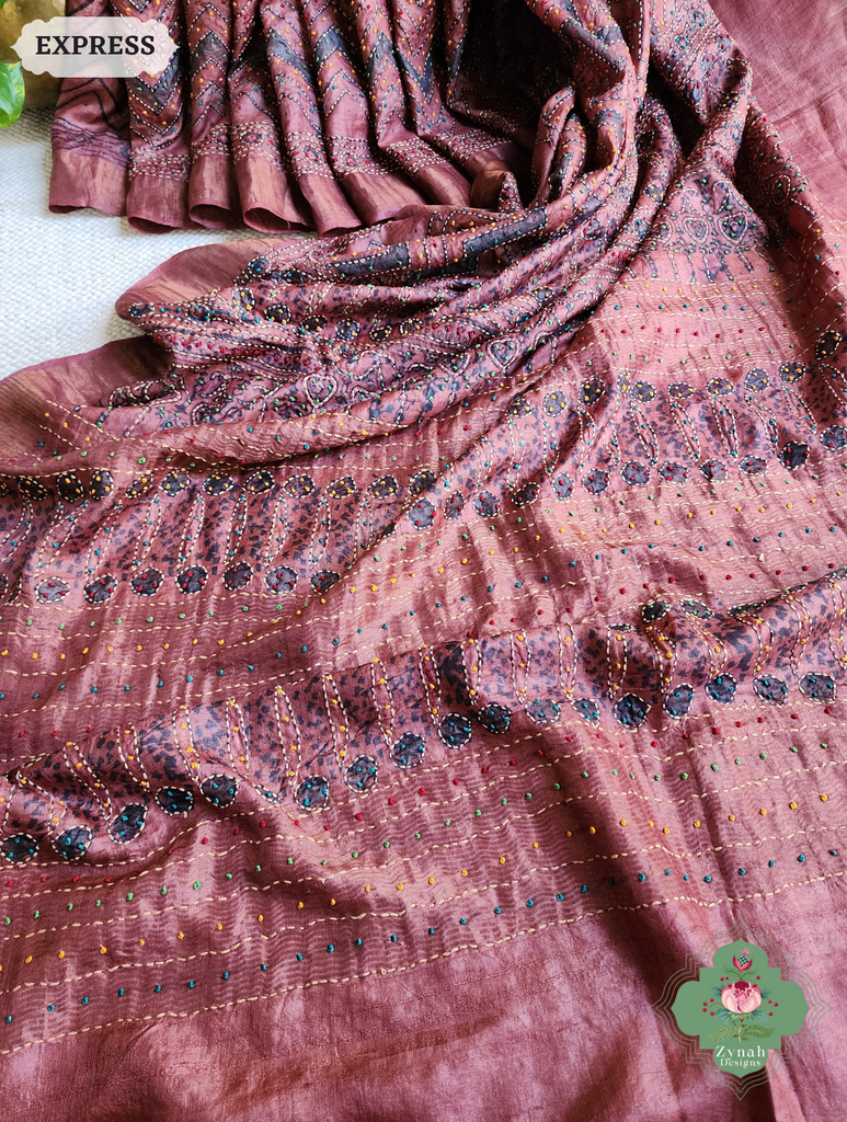Zynah Madder Red Pure Tussar Silk Hand Block Print Ajrakh Saree With Hand Embroidery; Custom Stitched/Ready-made Blouse, Fall, Petticoat; SKU: 2409202511