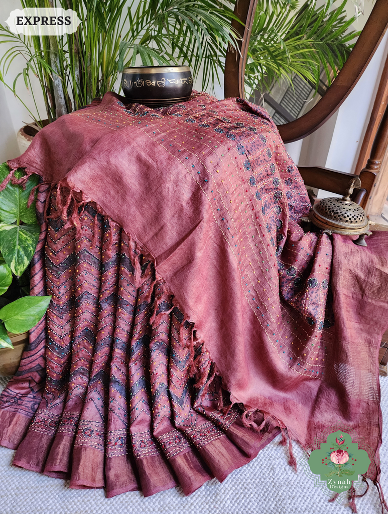 Zynah Madder Red Pure Tussar Silk Hand Block Print Ajrakh Saree With Hand Embroidery; Custom Stitched/Ready-made Blouse, Fall, Petticoat; SKU: 2409202511
