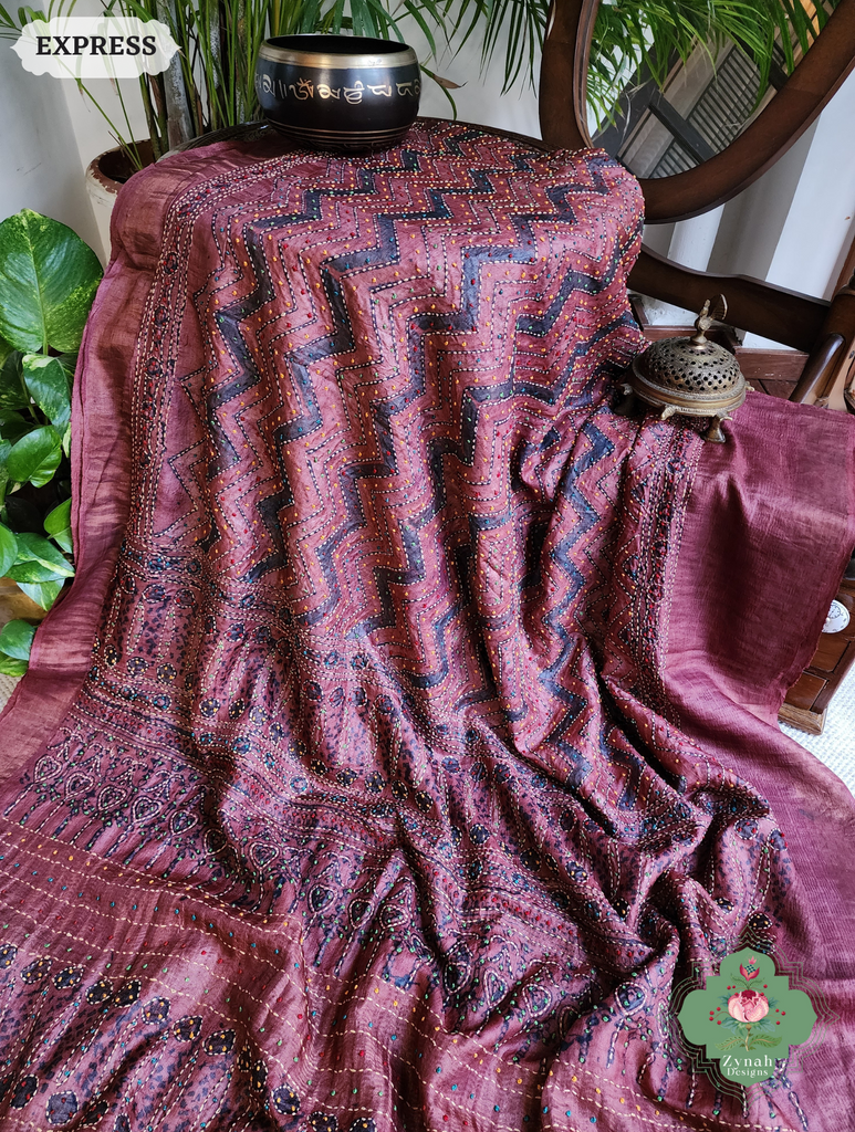 Zynah Madder Red Pure Tussar Silk Hand Block Print Ajrakh Saree With Hand Embroidery; Custom Stitched/Ready-made Blouse, Fall, Petticoat; SKU: 2409202511