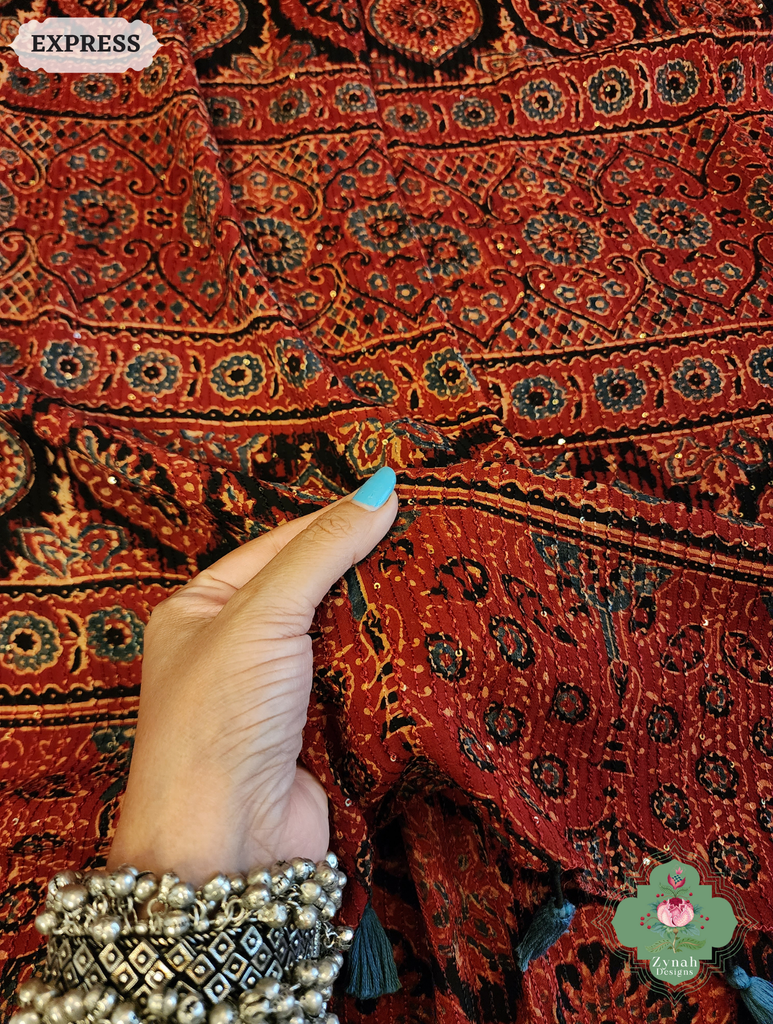 Zynah Madder Red Hand-Block Printed Georgette Silk Ajrakh Saree with Sequins Highlight; Custom Stitched/Ready-made Blouse, Fall, Petticoat; SKU: 1004202509
