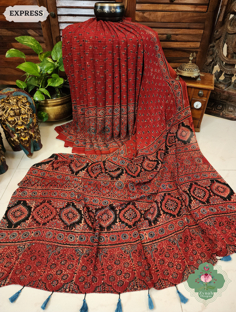Zynah Madder Red Hand-Block Printed Georgette Silk Ajrakh Saree with Sequins Highlight; Custom Stitched/Ready-made Blouse, Fall, Petticoat; SKU: 1004202509