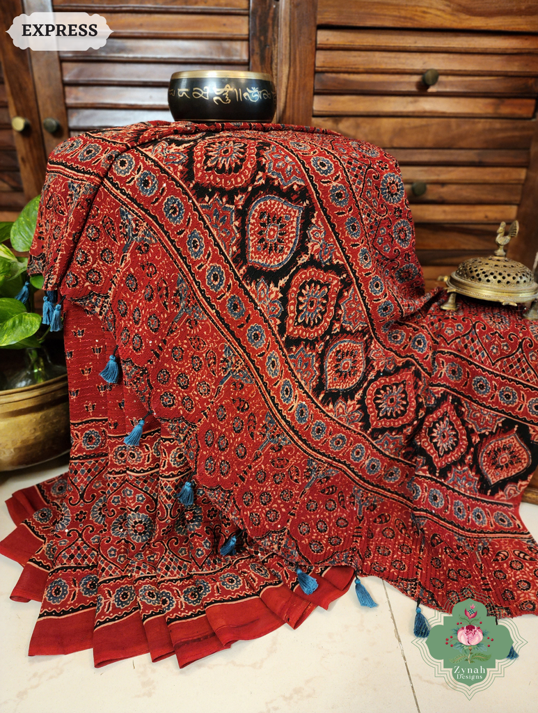 Zynah Madder Red Hand-Block Printed Georgette Silk Ajrakh Saree with Sequins Highlight; Custom Stitched/Ready-made Blouse, Fall, Petticoat; SKU: 1004202509