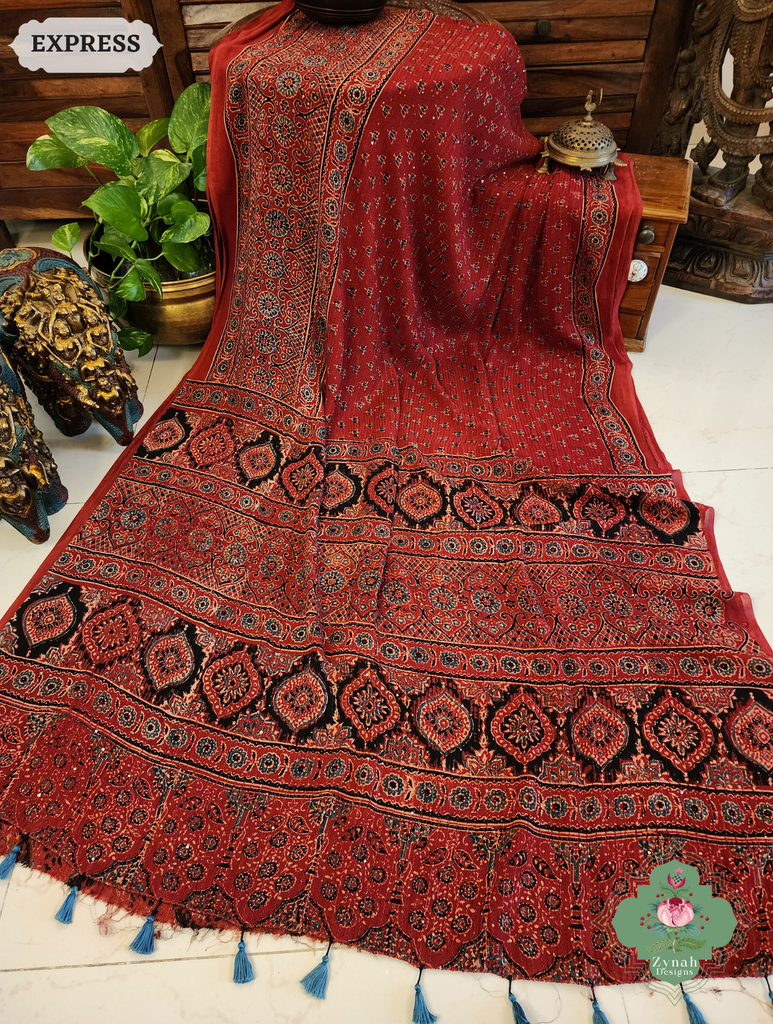 Zynah Madder Red Hand-Block Printed Georgette Silk Ajrakh Saree with Sequins Highlight; Custom Stitched/Ready-made Blouse, Fall, Petticoat; SKU: 1004202509