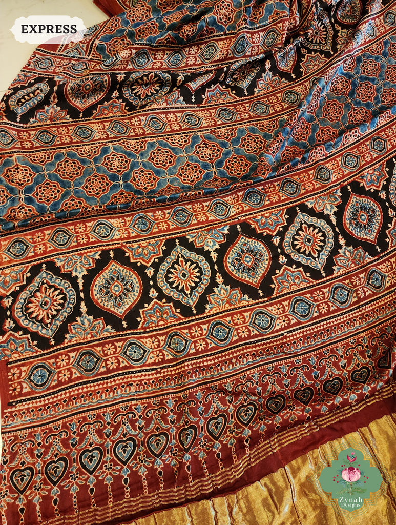 Madder Ajrakh Red Modal Silk Saree Crafted Using The Traditional Method Of Hand Block Printing Using 100% Natural Dyes 10