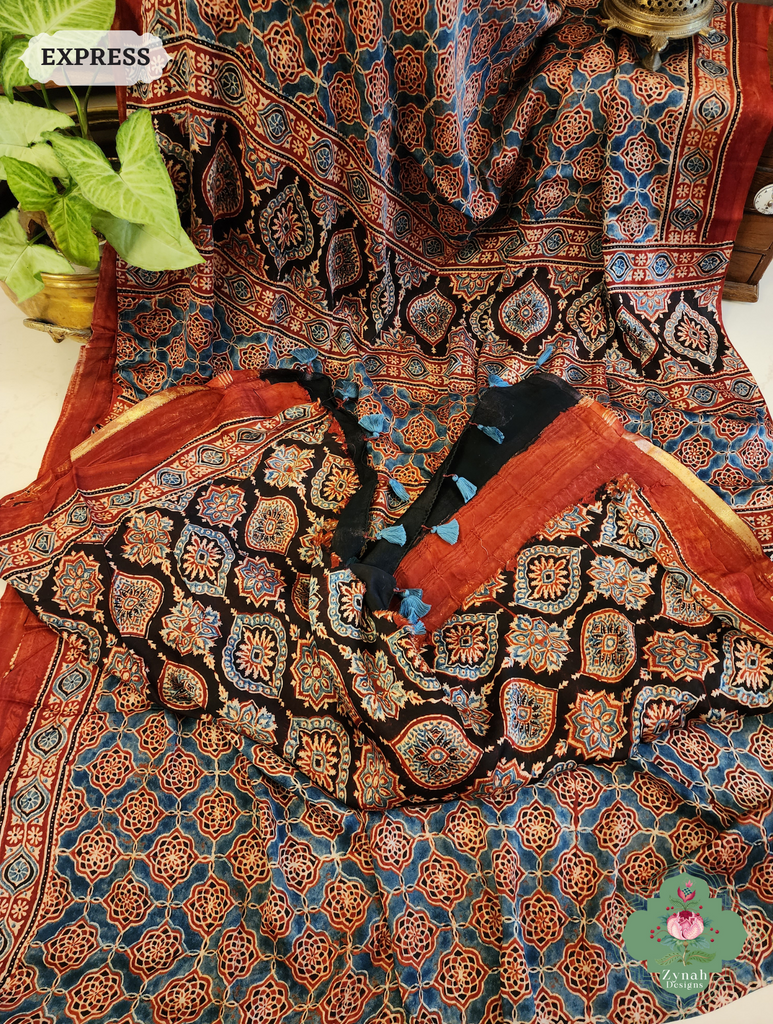 Madder Ajrakh Red Modal Silk Saree Crafted Using The Traditional Method Of Hand Block Printing Using 100% Natural Dyes 11