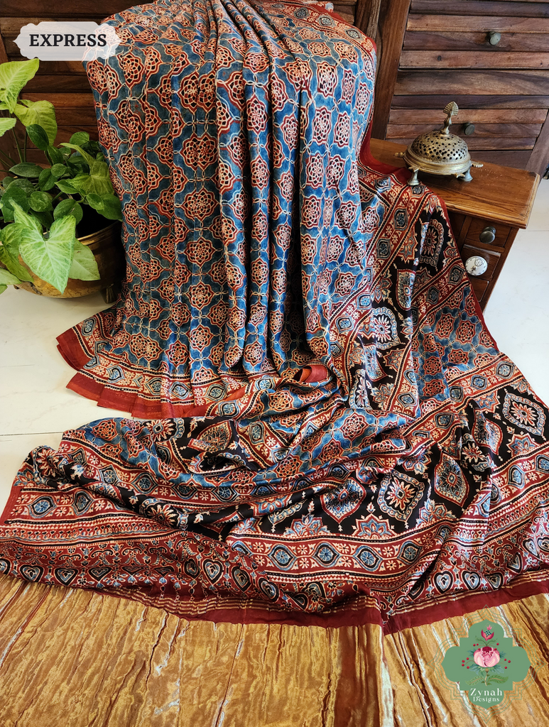 Madder Ajrakh Red Modal Silk Saree Crafted Using The Traditional Method Of Hand Block Printing Using 100% Natural Dyes 3