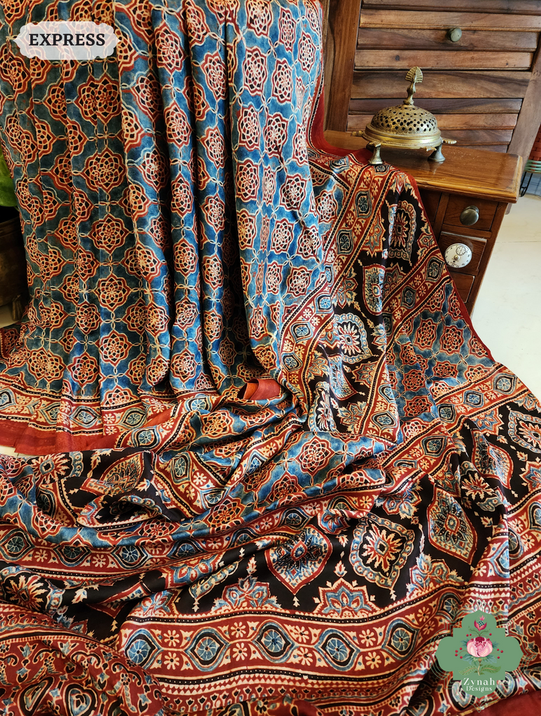 Madder Ajrakh Red Modal Silk Saree Crafted Using The Traditional Method Of Hand Block Printing Using 100% Natural Dyes 4