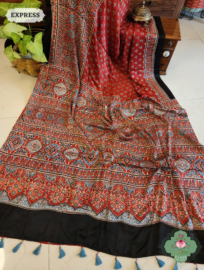 Madder Red Modal Silk Saree Crafted Using The Traditional Method Of Hand Block Printing Using 100% Natural Dyes 11