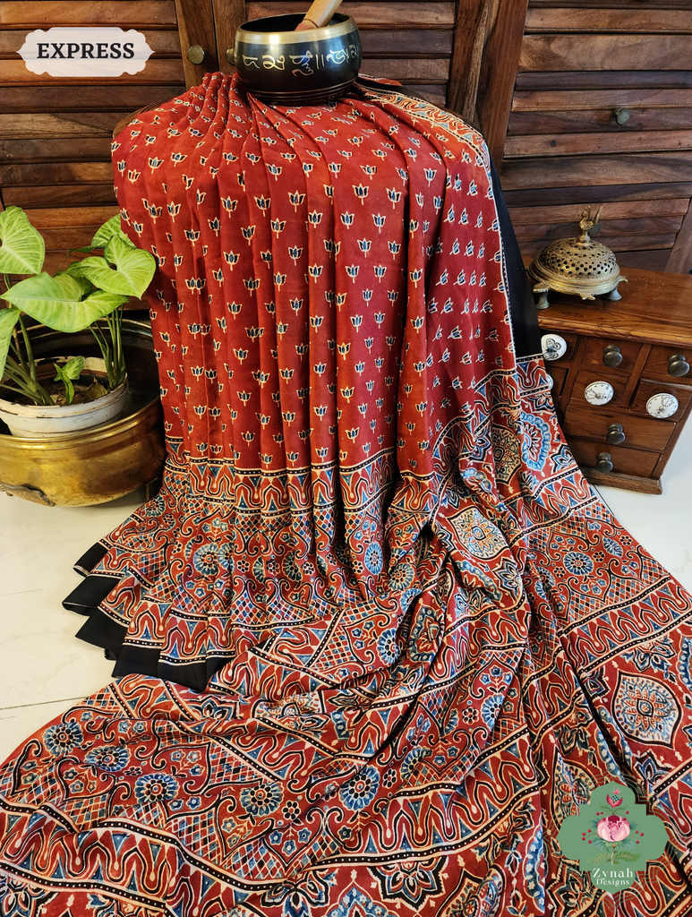 Madder Red Modal Silk Saree Crafted Using The Traditional Method Of Hand Block Printing Using 100% Natural Dyes 3