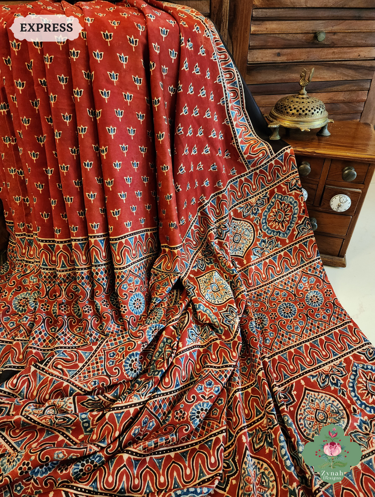 Madder Red Modal Silk Saree Crafted Using The Traditional Method Of Hand Block Printing Using 100% Natural Dyes 4