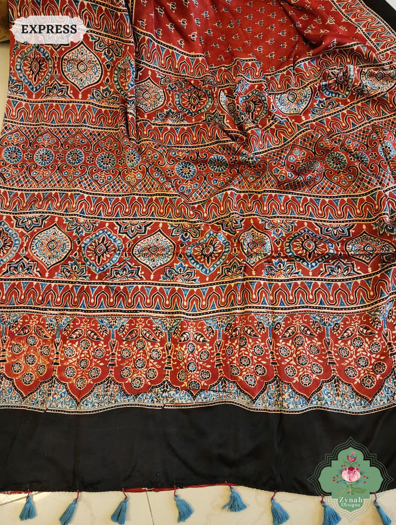 Madder Red Modal Silk Saree Crafted Using The Traditional Method Of Hand Block Printing Using 100% Natural Dyes 5