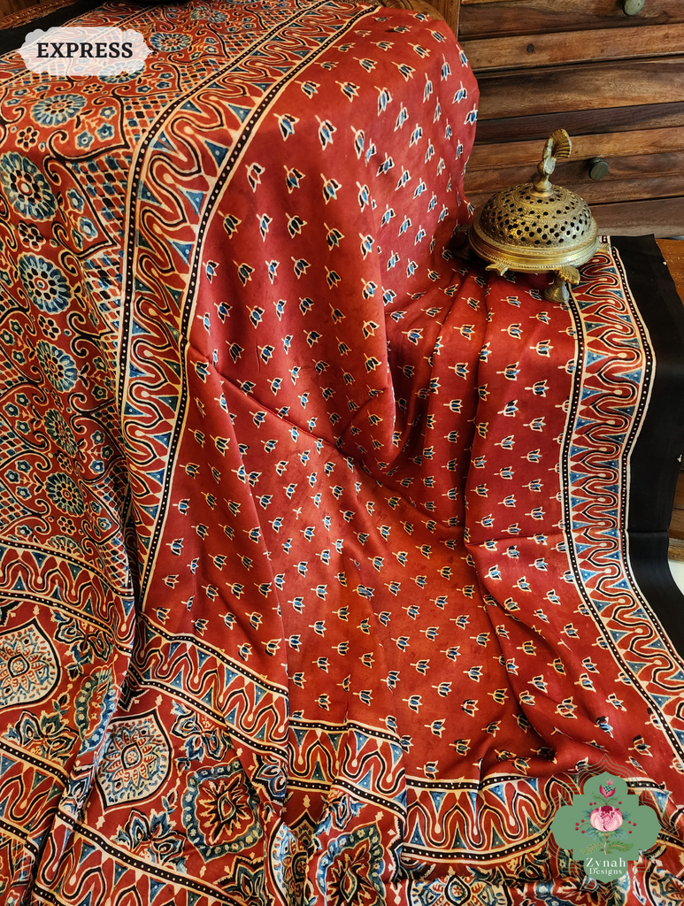 Madder Red Modal Silk Saree Crafted Using The Traditional Method Of Hand Block Printing Using 100% Natural Dyes 6