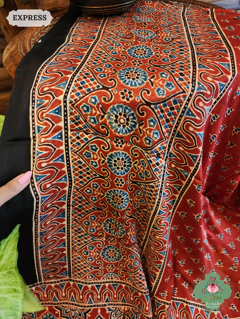 Madder Red Modal Silk Saree Crafted Using The Traditional Method Of Hand Block Printing Using 100% Natural Dyes 7