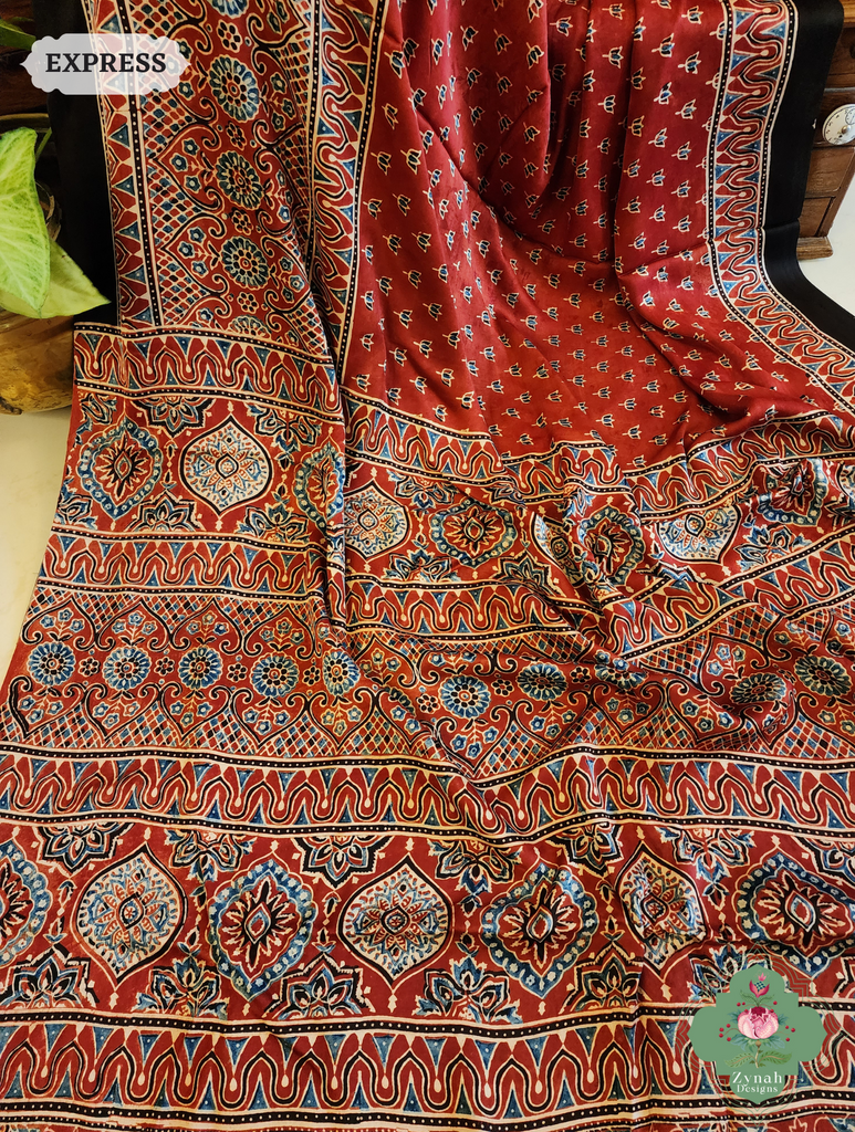 Madder Red Modal Silk Saree Crafted Using The Traditional Method Of Hand Block Printing Using 100% Natural Dyes 9