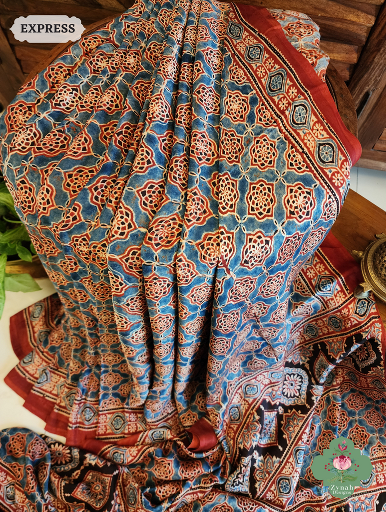 Madder Ajrakh Red Modal Silk Saree Crafted Using The Traditional Method Of Hand Block Printing Using 100% Natural Dyes 5