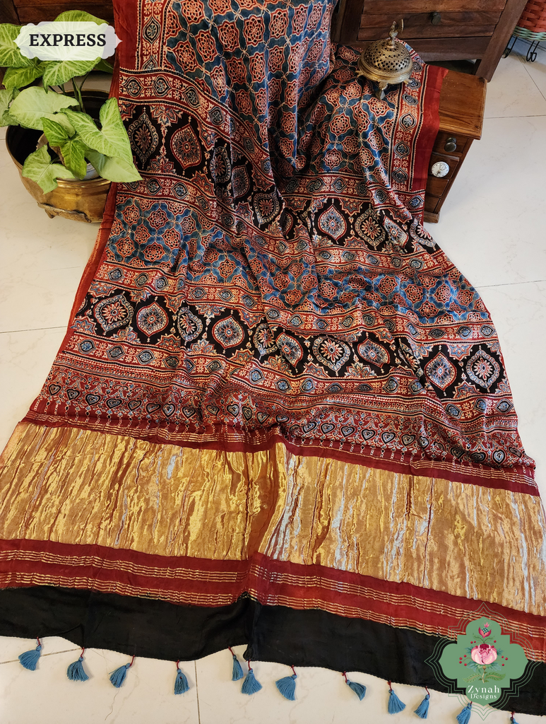 Madder Ajrakh Red Modal Silk Saree Crafted Using The Traditional Method Of Hand Block Printing Using 100% Natural Dyes 6