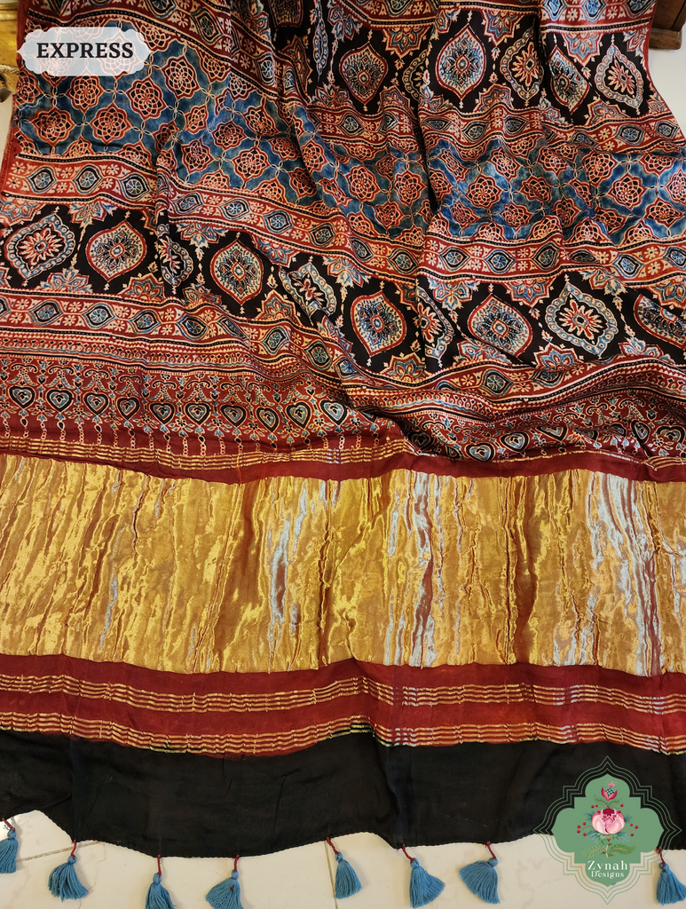 Madder Ajrakh Red Modal Silk Saree Crafted Using The Traditional Method Of Hand Block Printing Using 100% Natural Dyes 7