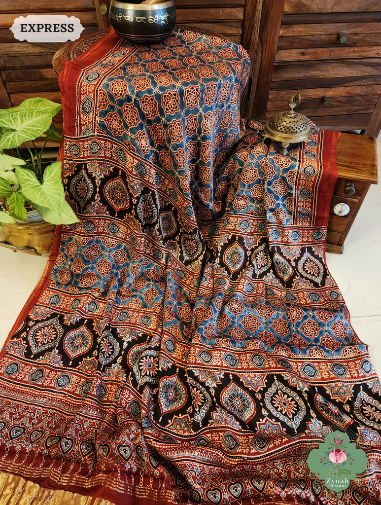 Madder Ajrakh Red Modal Silk Saree Crafted Using The Traditional Method Of Hand Block Printing Using 100% Natural Dyes 8