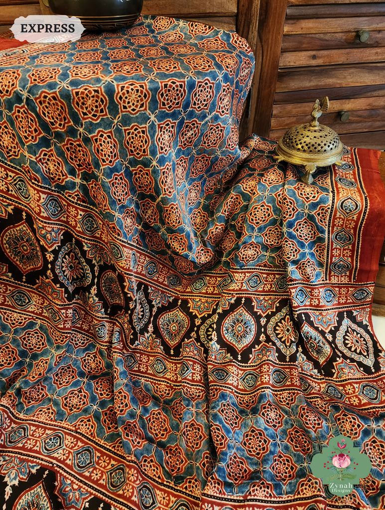 Madder Ajrakh Red Modal Silk Saree Crafted Using The Traditional Method Of Hand Block Printing Using 100% Natural Dyes 9