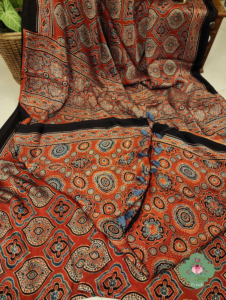 Madder Red Ajrakh Modal Silk Saree With Jharonka Motif Pallu 10