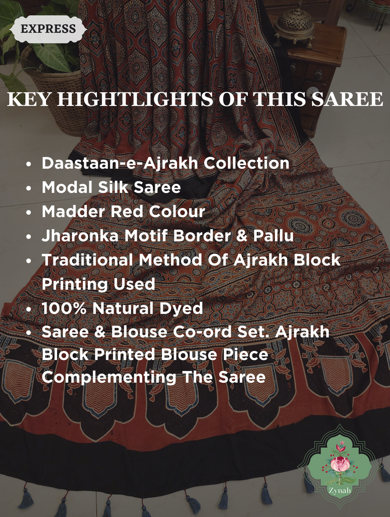Madder Red Ajrakh Modal Silk Saree With Jharonka Motif Pallu 2